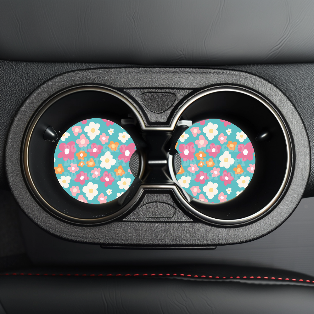 Pink & Orange Flowers Car Coaster Sublimation Transfer (Set of 2)