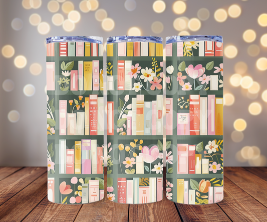 Green Floral Bookshelf 20 oz Skinny Tumbler Sublimation Transfer - Seamless