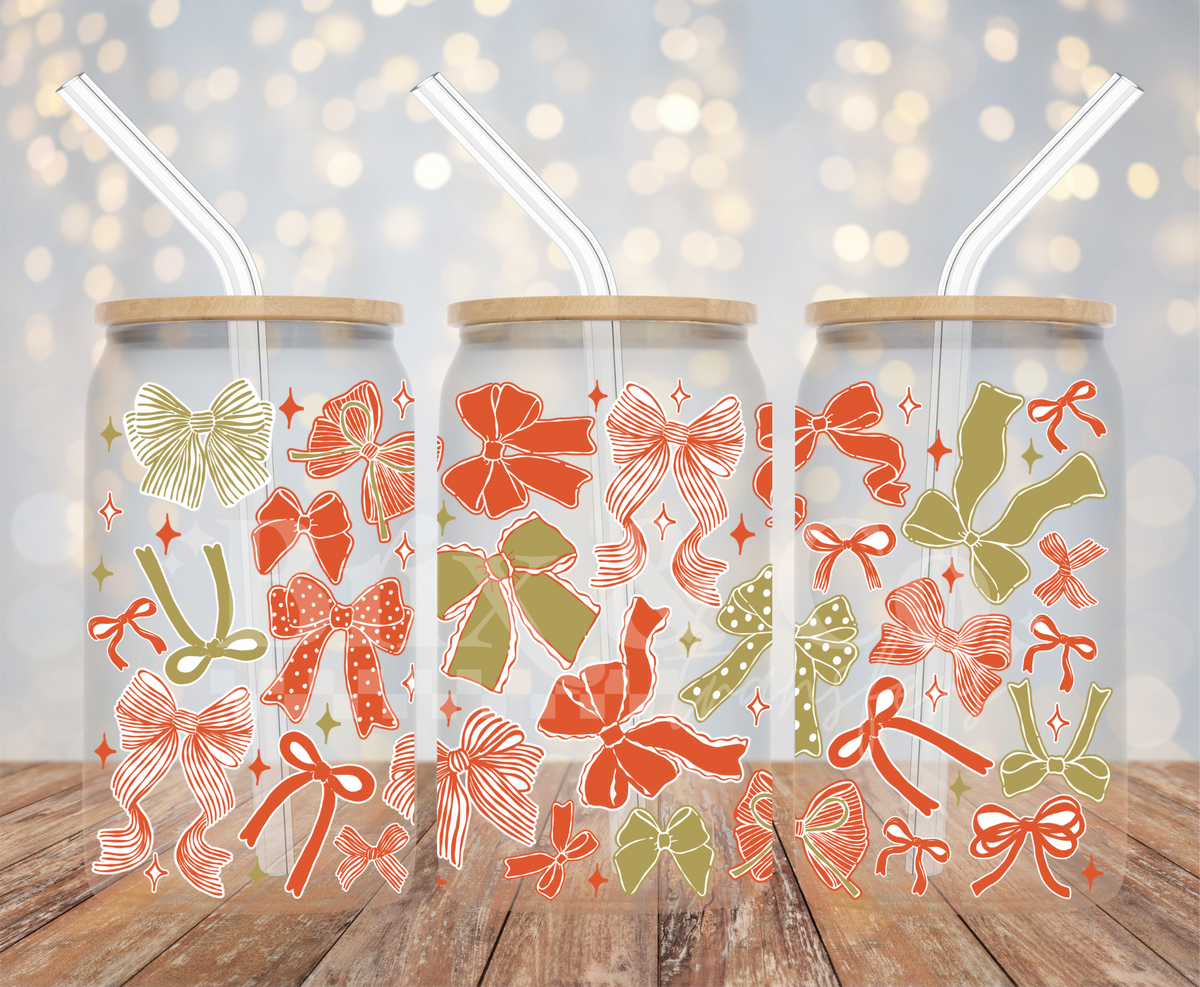 Christmas Bows 16oz Glass Can Wrap