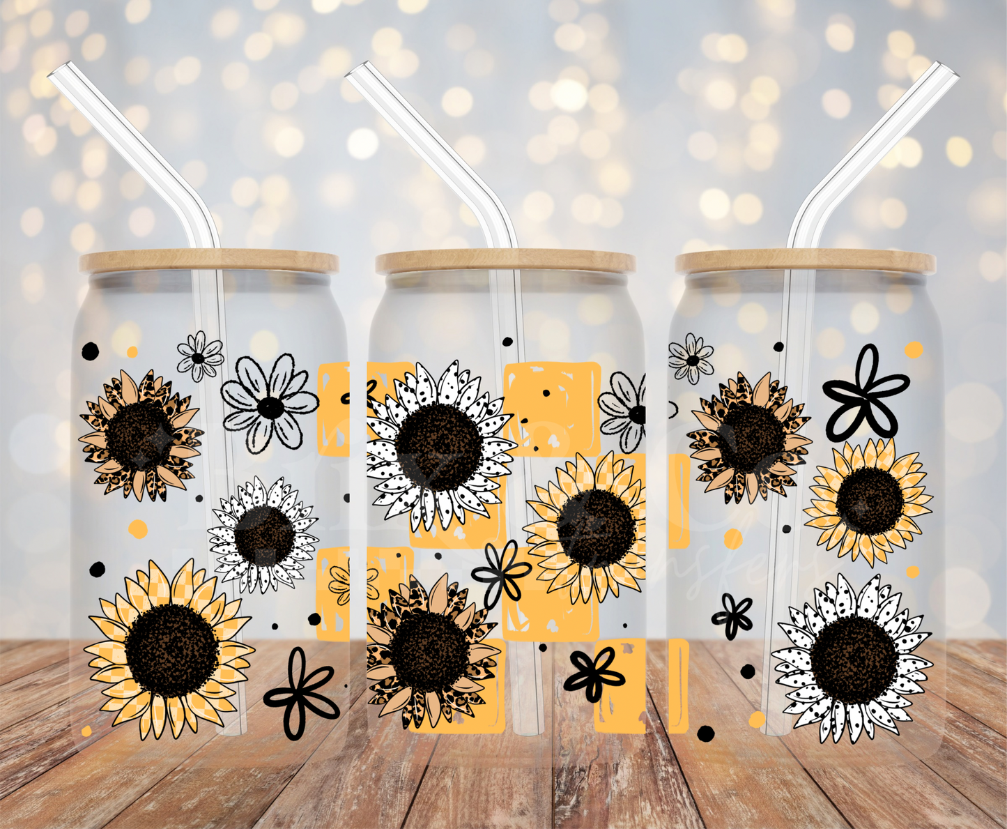 Checker Sunflowers 16oz Glass Can Wrap