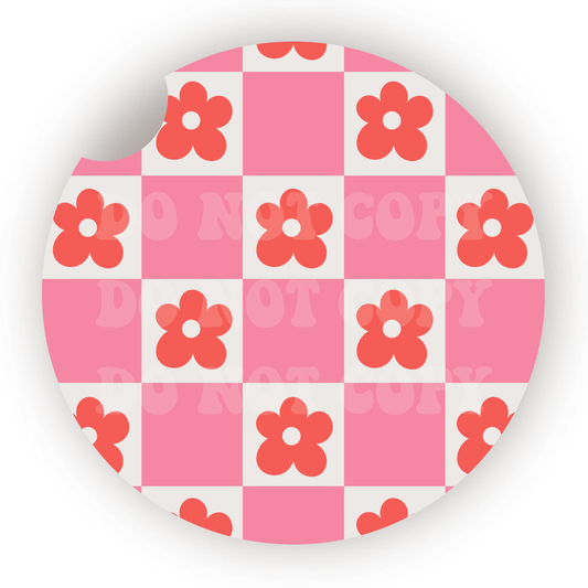 Checker Flowers Car Coaster Sublimation Transfer (Set of 2)