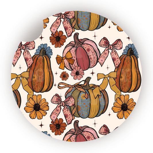 Floral Pumpkins & Bows Car Coaster Sublimation Transfer (Set of 2)