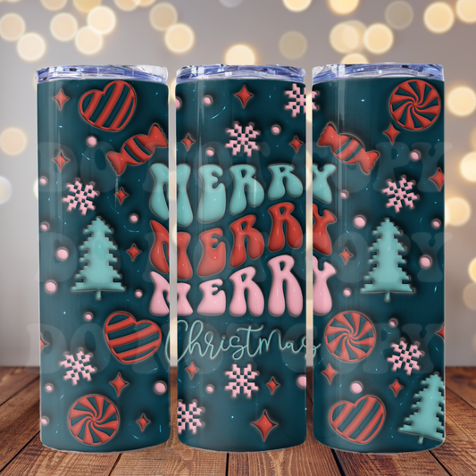 Merry Merry Merry Christmas 3D 20 oz Skinny Tumbler Sublimation Transfer