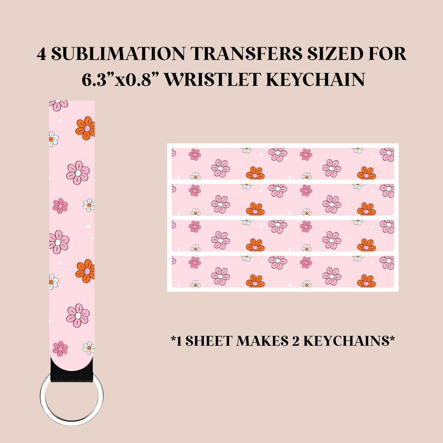Pink, Orange, & White Flowers Wristlet Keychain Sublimation Transfer