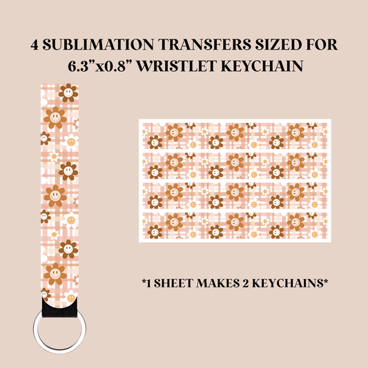 Plaid Flower Happy Faces Wristlet Keychain Sublimation Transfer