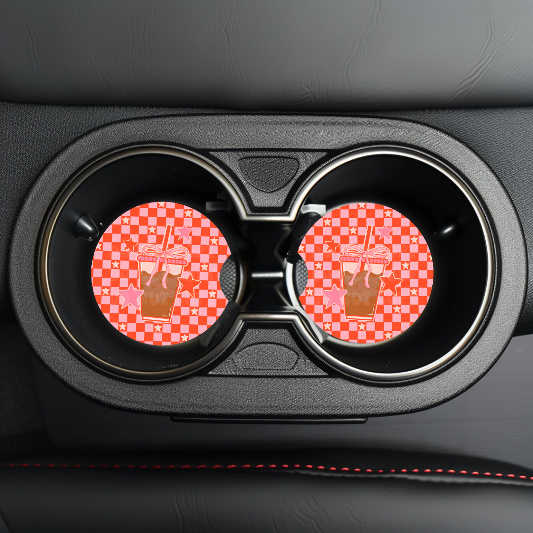 Checker Iced Coffee Car Coaster Sublimation Transfer (Set of 2)