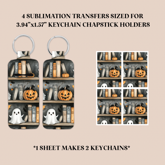 Spooky Bookshelf Keychain Chapstick Holder Sublimation Transfer