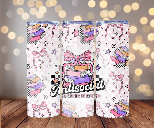 Antisocial And Rather Be Reading 20 oz Skinny Tumbler Sublimation Transfer