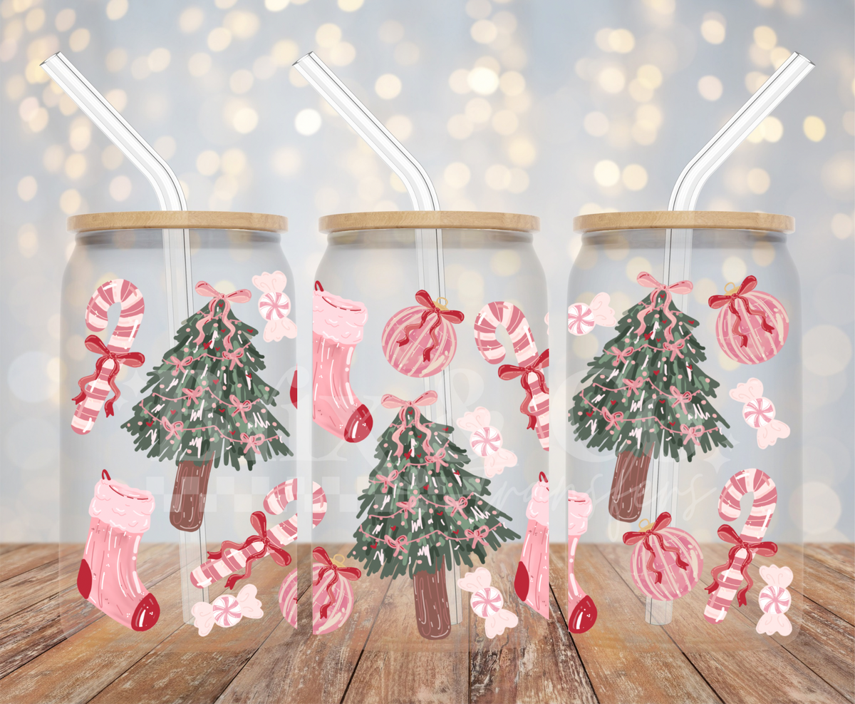 Pink Christmas 16oz Glass Can Wrap