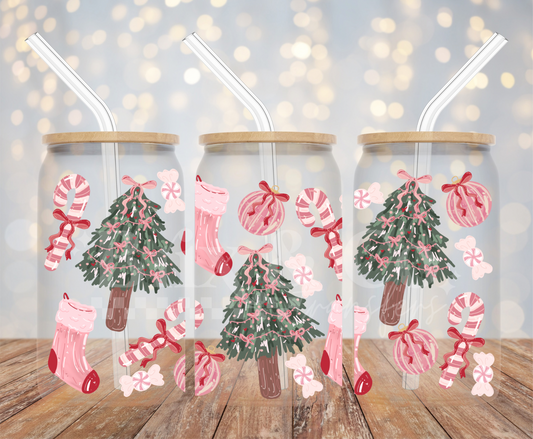 Pink Christmas 16oz Glass Can Wrap