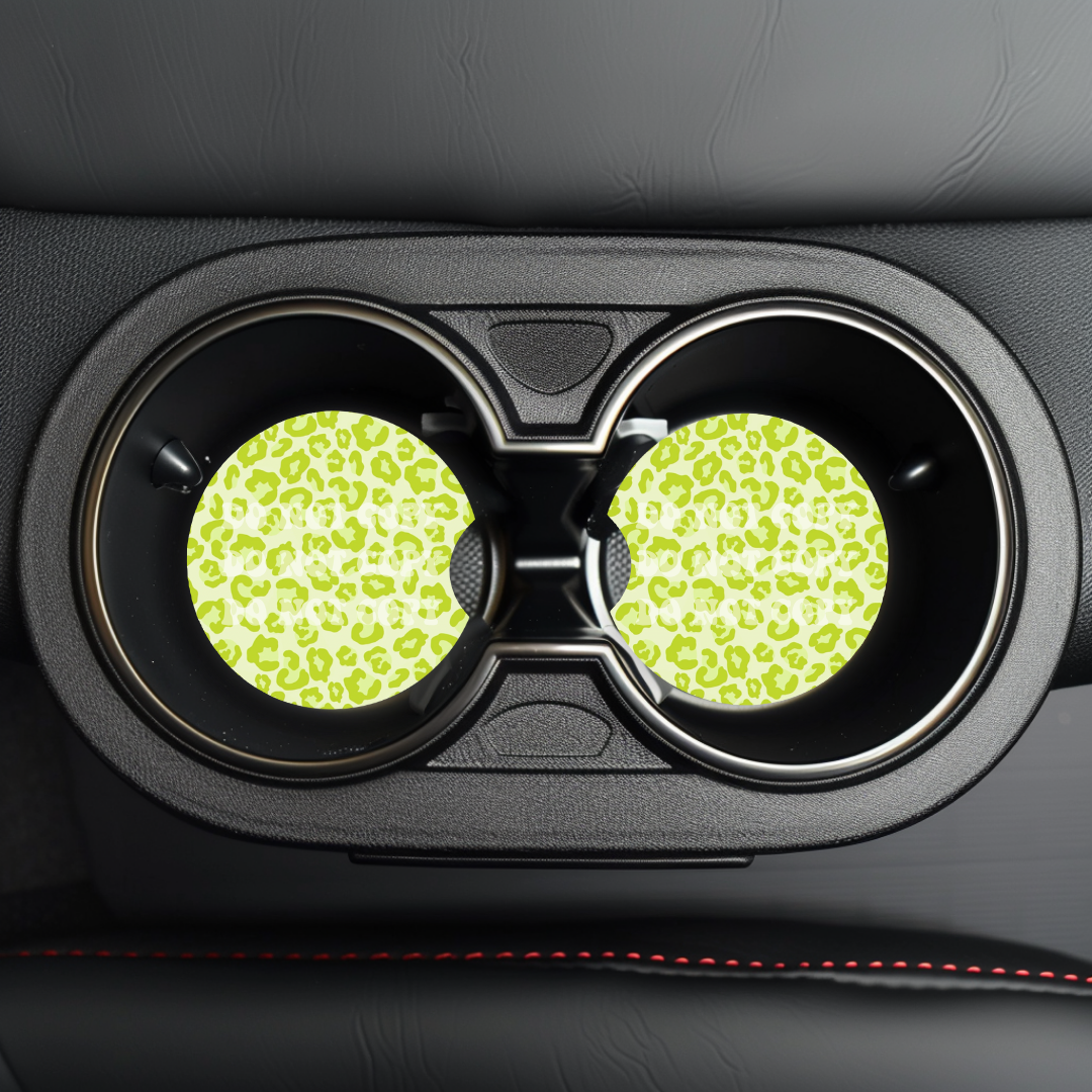 Bright Green Leopard Print Car Coaster Sublimation Transfer (Set of 2)