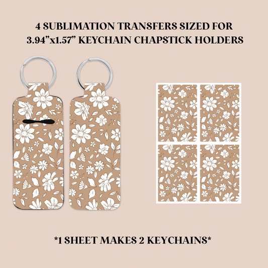 White Flowers Keychain Chapstick Holder Sublimation Transfer
