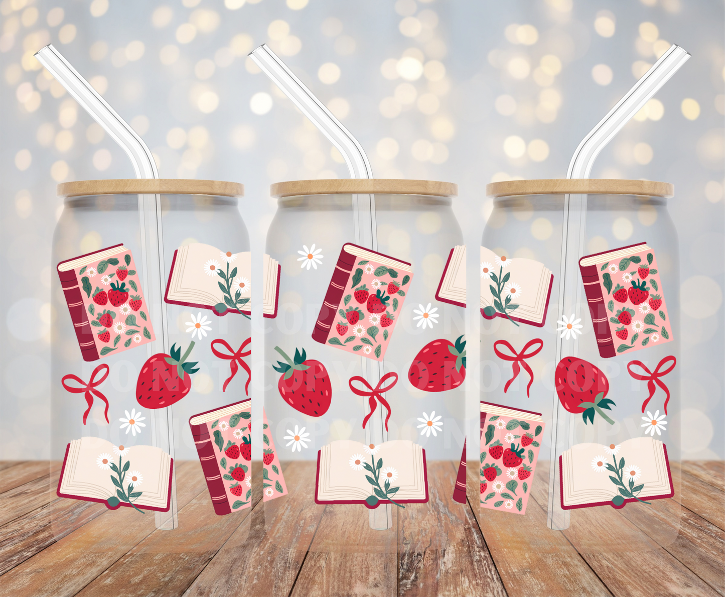 Strawberries & Books UVDTF 16oz Glass Can Wrap