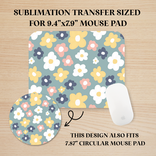 Pink, Yellow, & Dark Blue Flowers Mouse Pad Sublimation Transfer