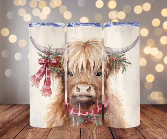 Christmas Highland Cow 20 oz Skinny Tumbler Sublimation Transfer - Seamless