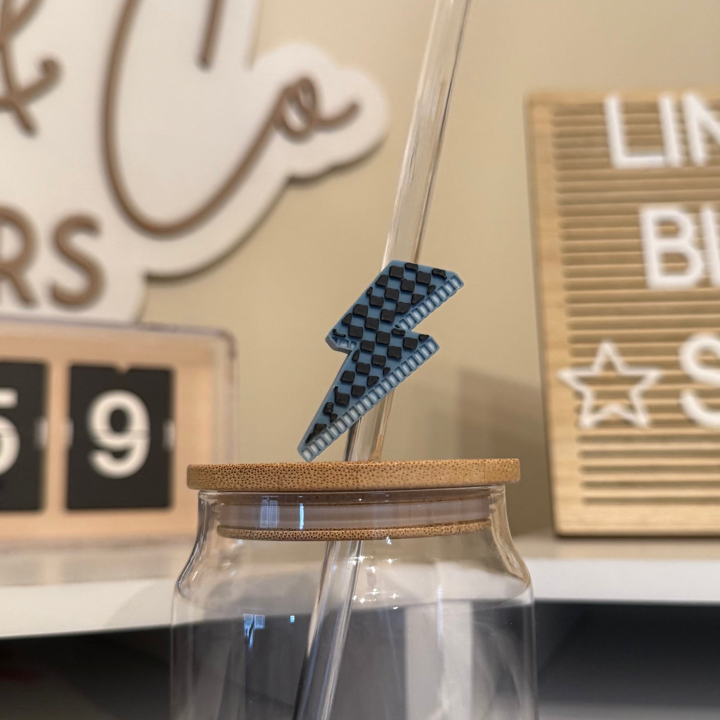 Blue Checker Lightning Bolt 3D Printed Straw Topper