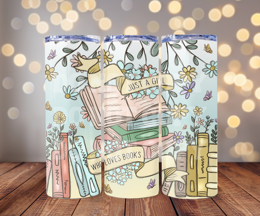Just A Girl Who Loves Books 20 oz Skinny Tumbler Sublimation Transfer - Seamless
