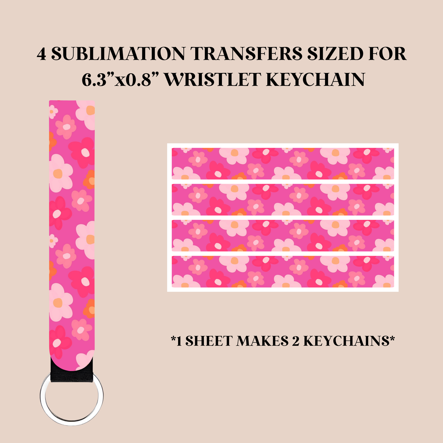 Hot Pink & Orange Flowers Print Wristlet Keychain Sublimation Transfer