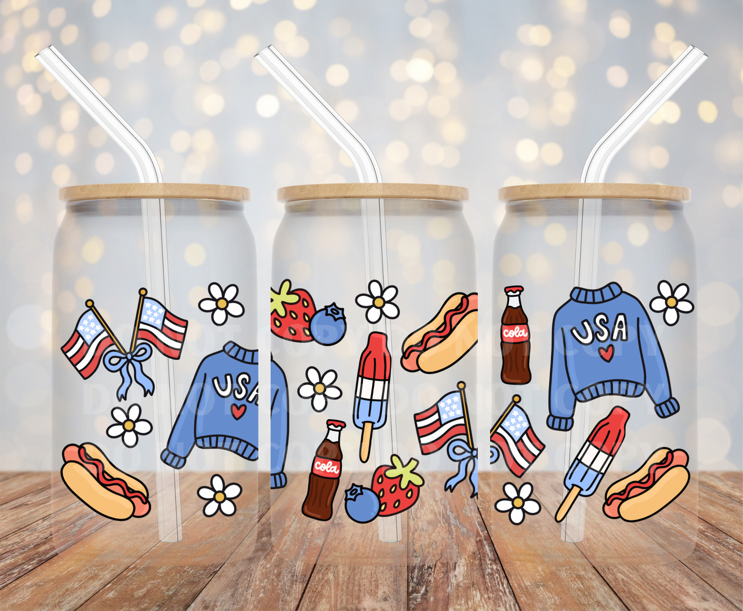Vintage Patriotic Doodles UVDTF 16oz Glass Can Wrap