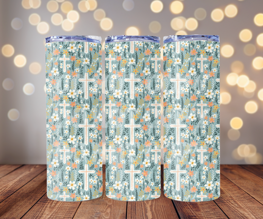 Floral Cross 20 oz Skinny Tumbler Sublimation Transfer - Seamless