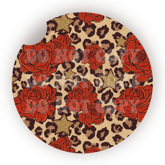 Leopard Print Roses Car Coaster Sublimation Transfer (Set of 2)
