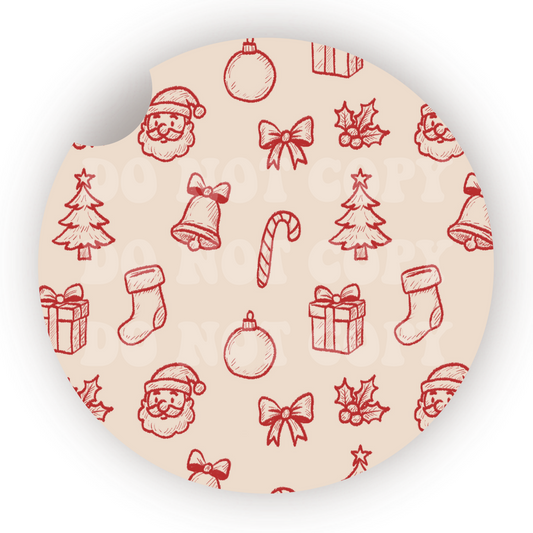 Red Christmas Doodles Car Coaster Sublimation Transfer (Set of 2)
