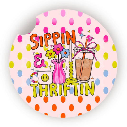 Sippin’ And Thriftin’  Car Coaster Sublimation Transfer (Set of 2)