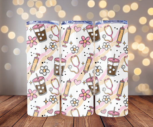 Health Care Worker Iced Coffee 20 oz Skinny Tumbler Sublimation Transfer - Seamless