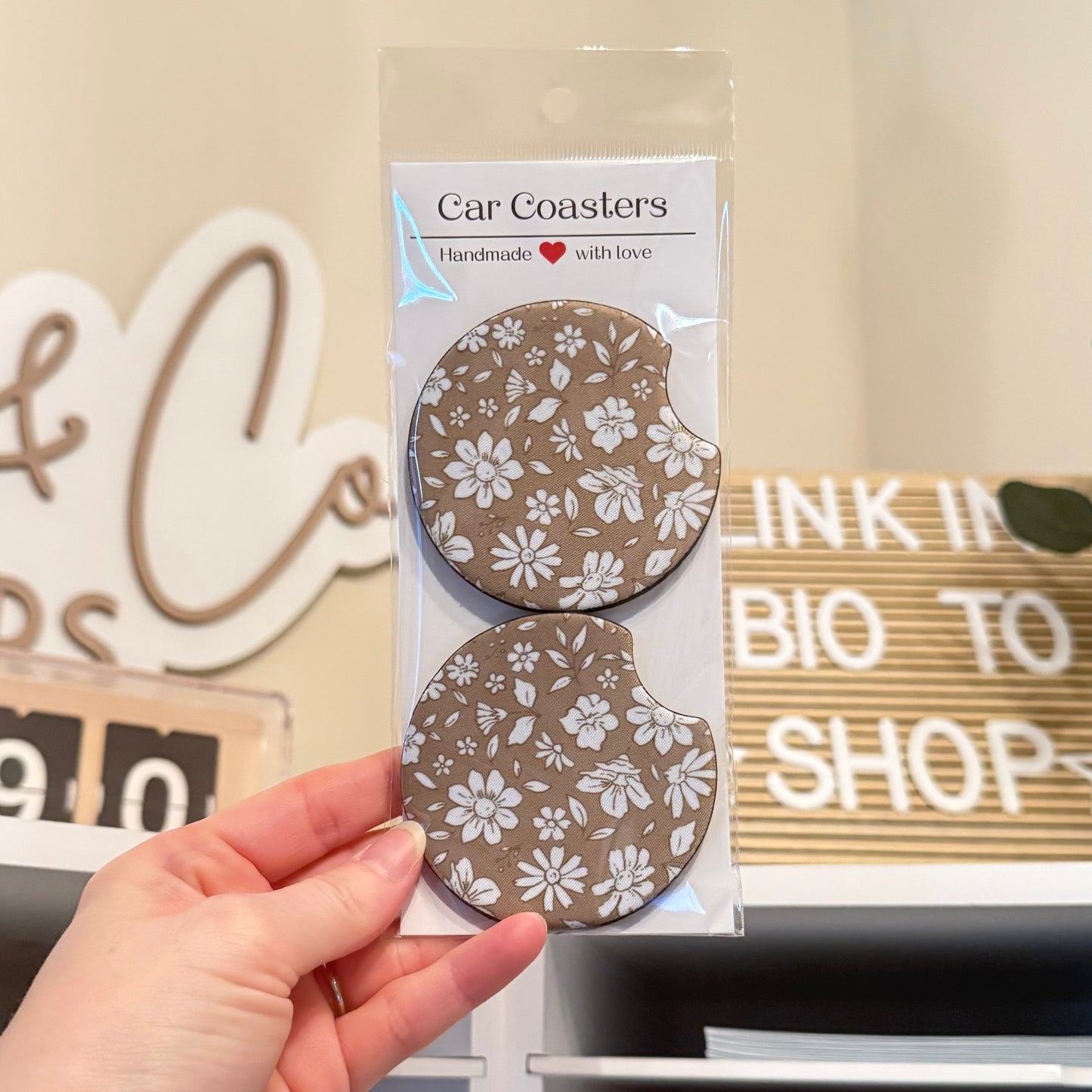 White Flowers Car Coasters