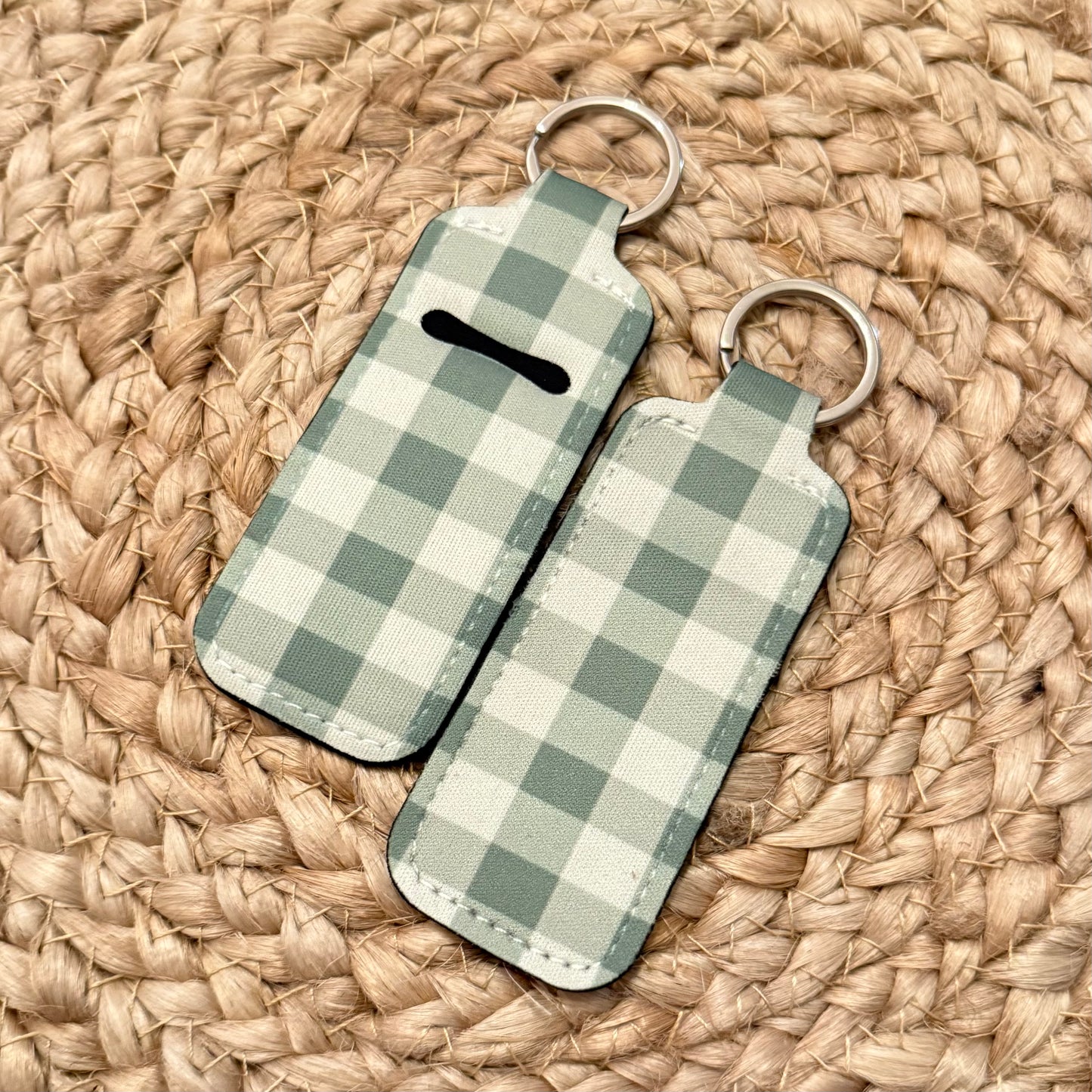 Sage Gingham Chapstick Holder Keychain