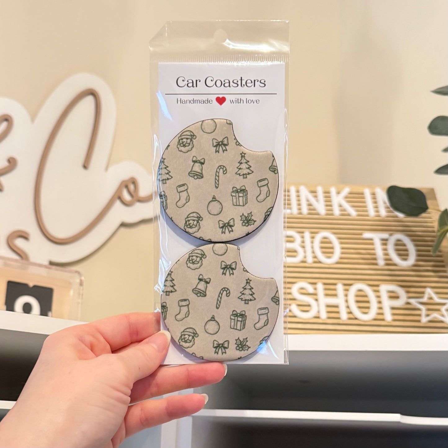 Green Christmas Doodles Car Coasters