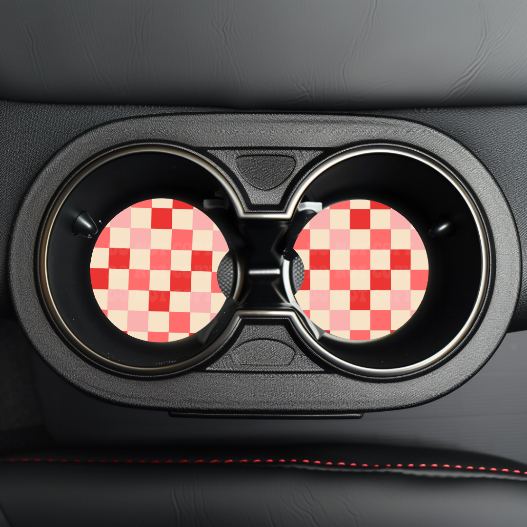 Red & Pink Checker Car Coaster Sublimation Transfer (Set of 2)
